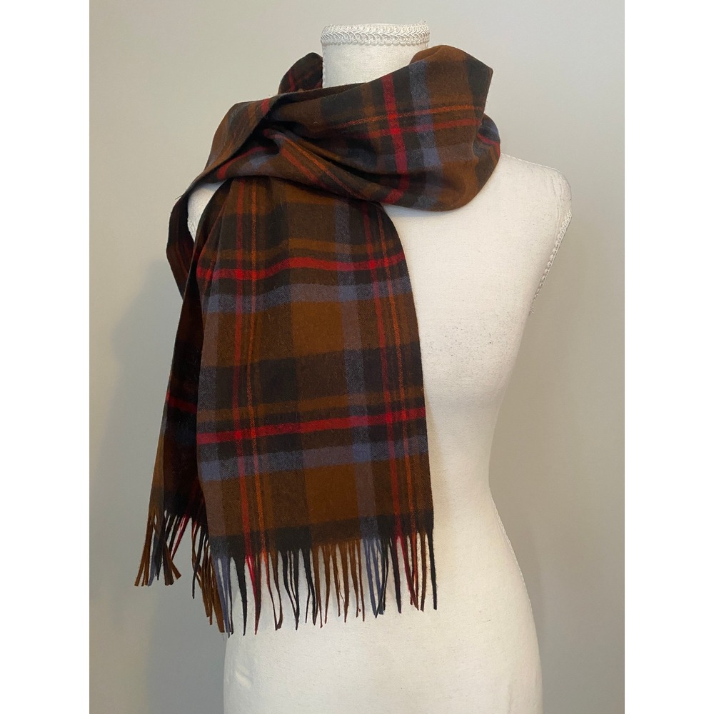 Pendleton Scarf Unisex OS Brown Red Tartan Plaid Virgin Wool Fringed Made USA